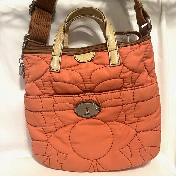 Fossil "Key-Pen" Orange/Peach Quilted Tan Trim Crossbody Purse-Lightweight-Comfy - Picture 3 of 15